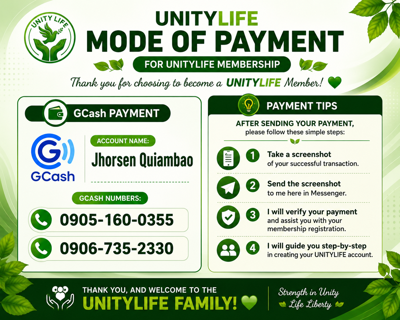 UnityLife Mode of Payment — GCash to Jhorsen Quiambao (0905-160-0355 / 0906-735-2330). After paying, screenshot the transaction and send it via Messenger for verification.